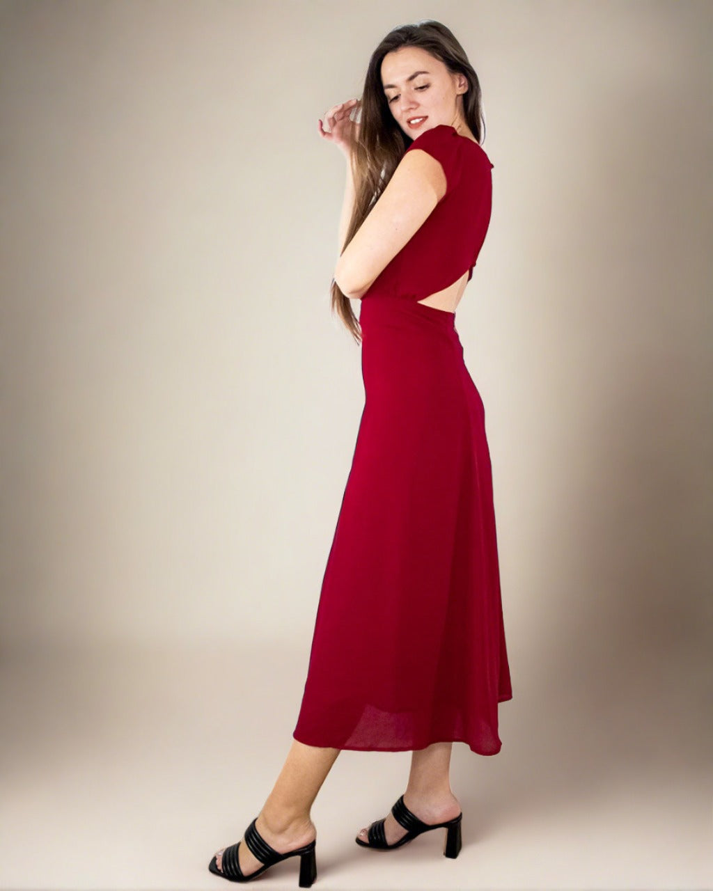Red Midi Dress with Thigh Slit - Red ...